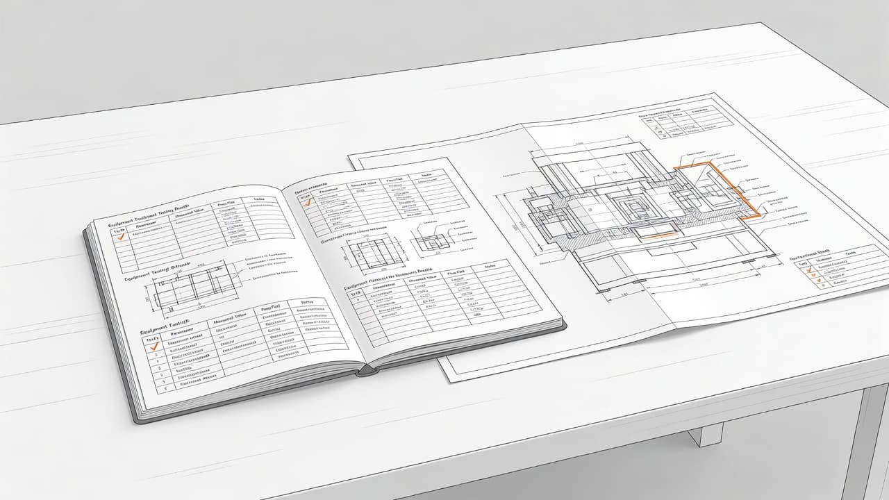 A graphite sketch of a notebook containing equipment testing data sits on a white desk next to a machine diagram. Minimalist lines feature subtle orange highlights on the technical pages.